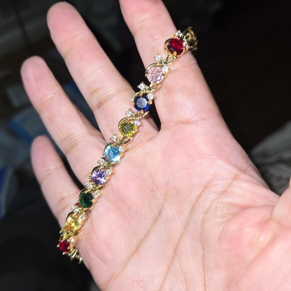 Neiman Marcus 14k Gold Plated Multicolor Gemstone Round CZ Bracelet - Picture 2 of 4
